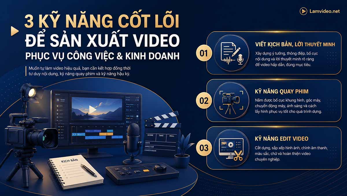Minh họa 3 kỹ năng cốt lõi khi học quay dựng video gồm viết kịch bản, quay phim và edit video